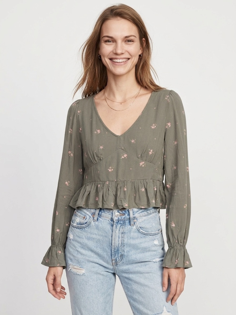 V-Neck Peplum Long-Sleeve Top in Olive with Pink Floral